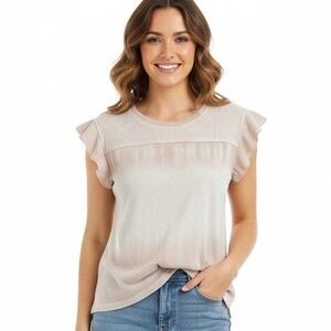 POL Waffle Knit Tie Dye Ruffle Sleeve Top Women‎ Size L Beige Pink